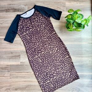 LuLaRoe Leopard Print Midi Bodycon Ranglan Sleeve Casual Work Party Dress Size S